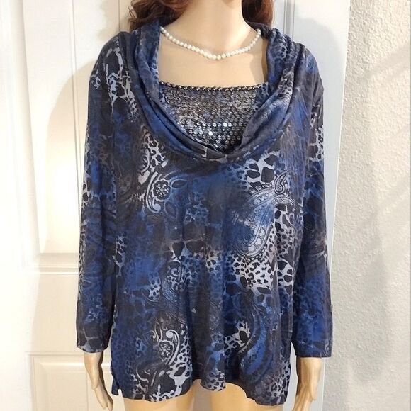 Multiples Women's Size XL Blue & Black Leopard Sequin Cowl Neck Blouse Top - Picture 1 of 10